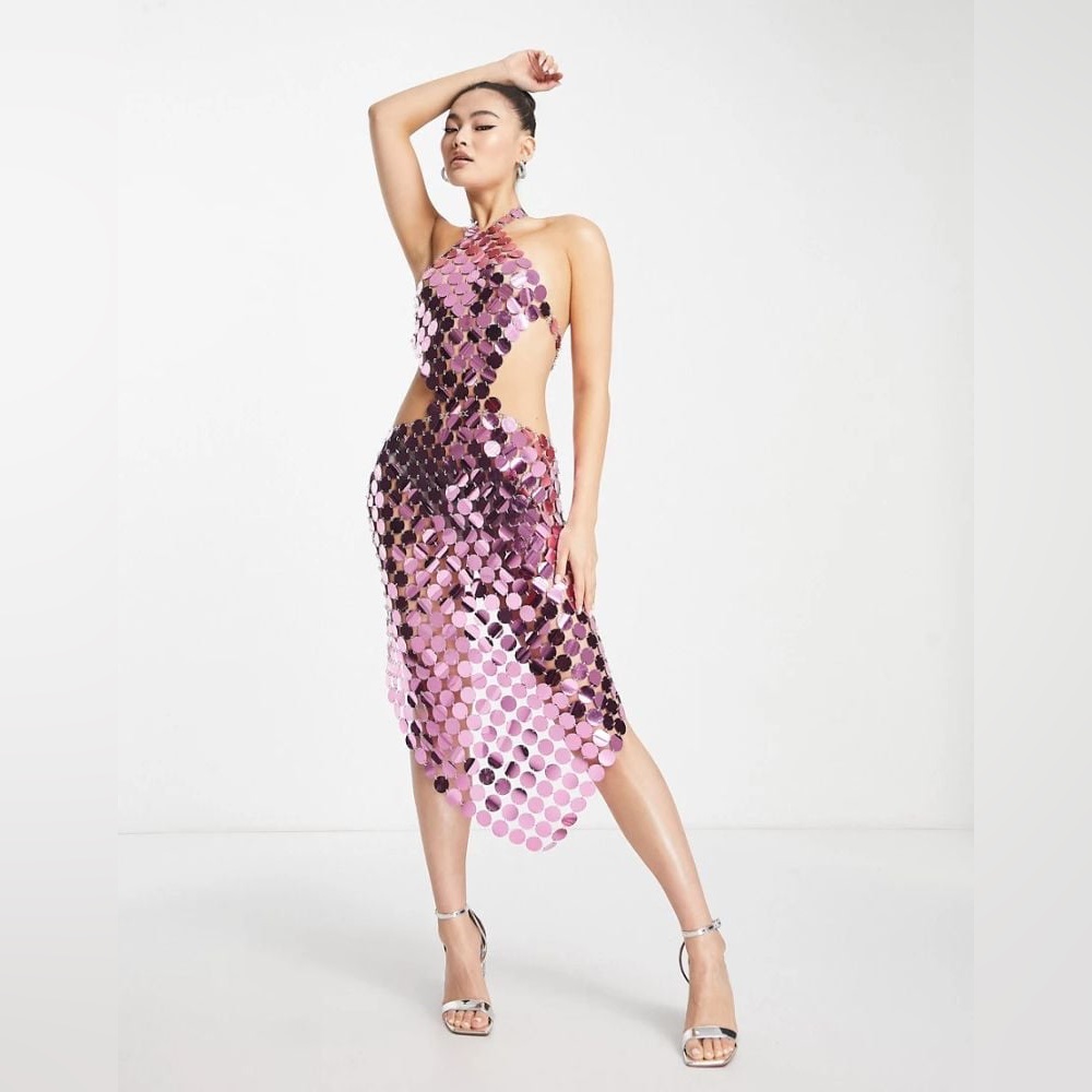 Pink Mirrored Disc Cutout Midi Dress